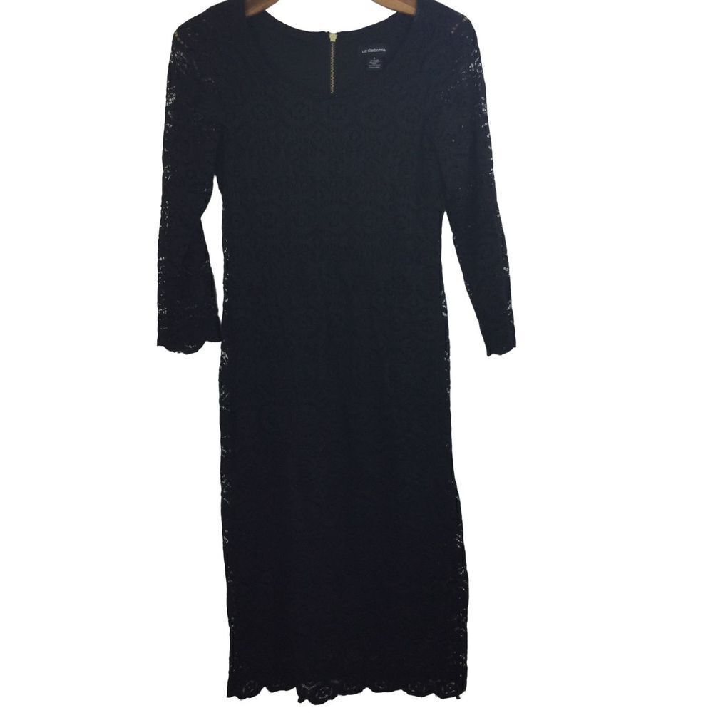 Liz Claiborne Womens Black Lace Round Neck 3/4 Sleeve Back Zip Lace Dress 8